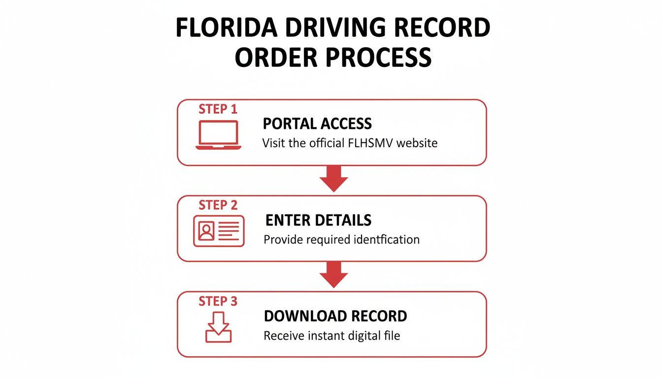 A three-step flow chart illustrating the Florida driving record order process.