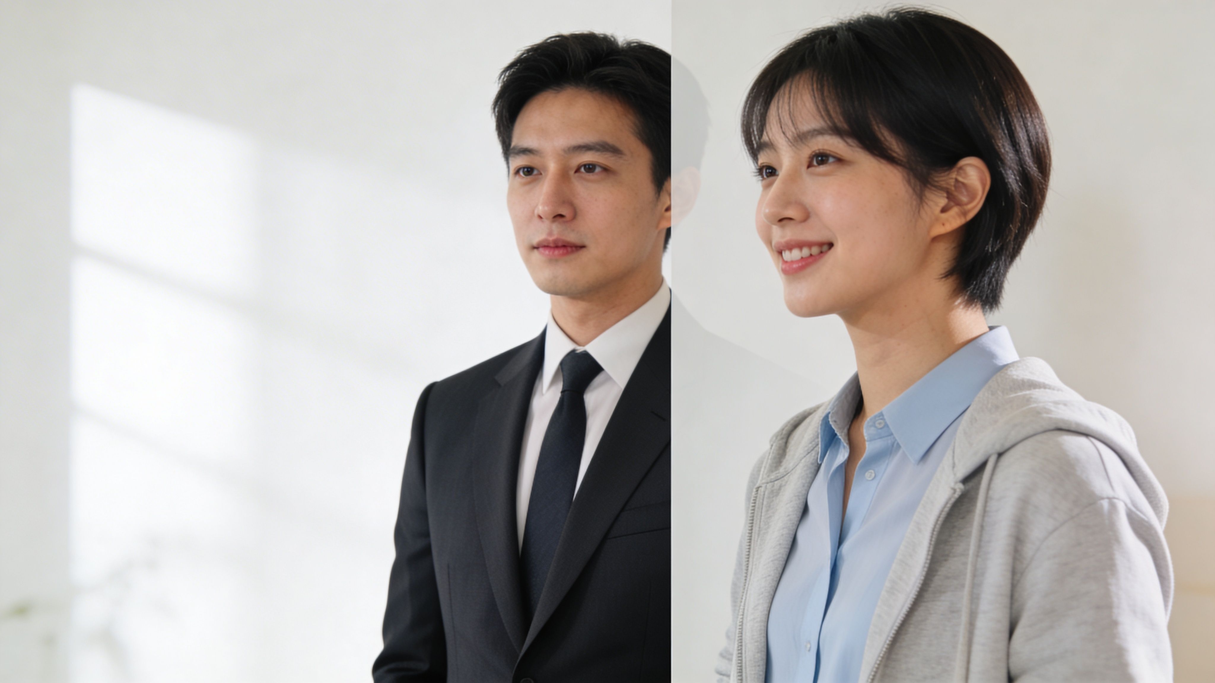 Ein professioneller Mann im Anzug und eine lächelnde Frau in Freizeitkleidung vor einem hellen, neutralen Hintergrund.