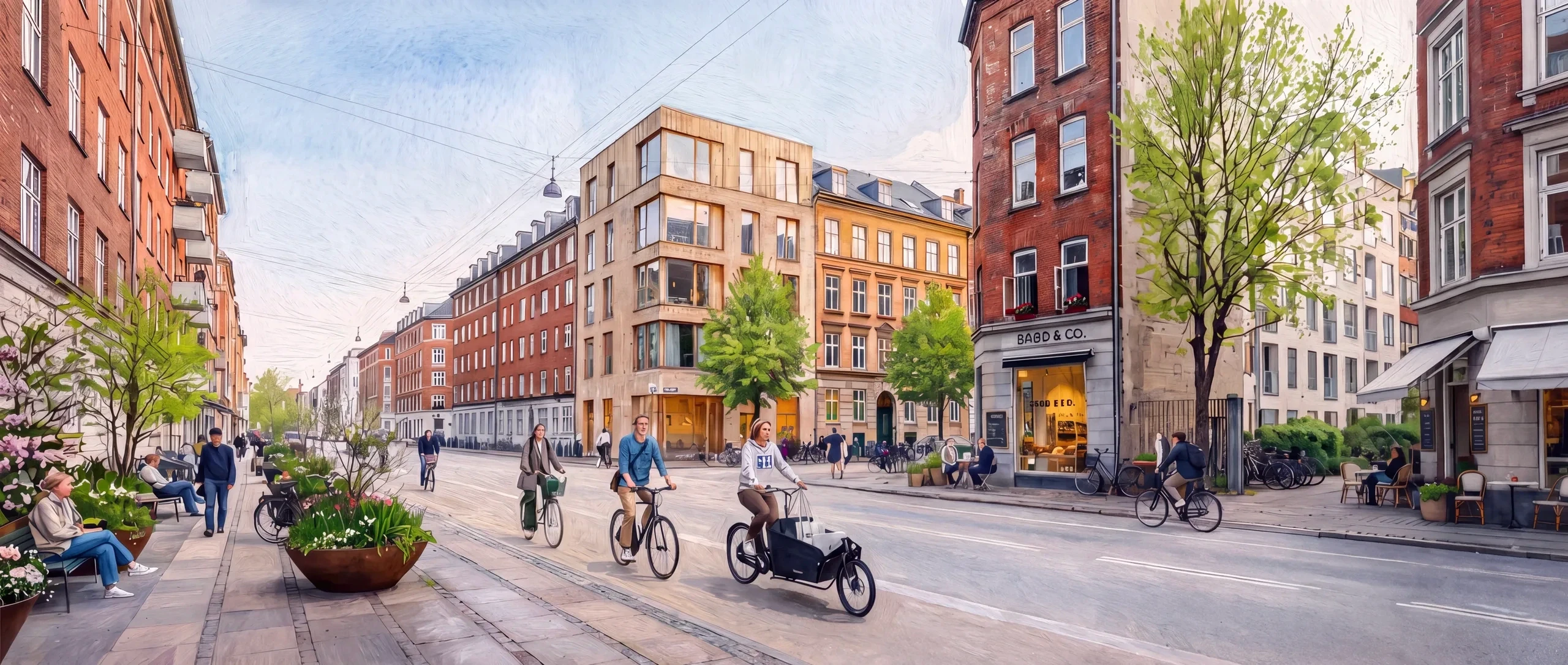 Watercolour artwork of a Copenhagen neighbourhood