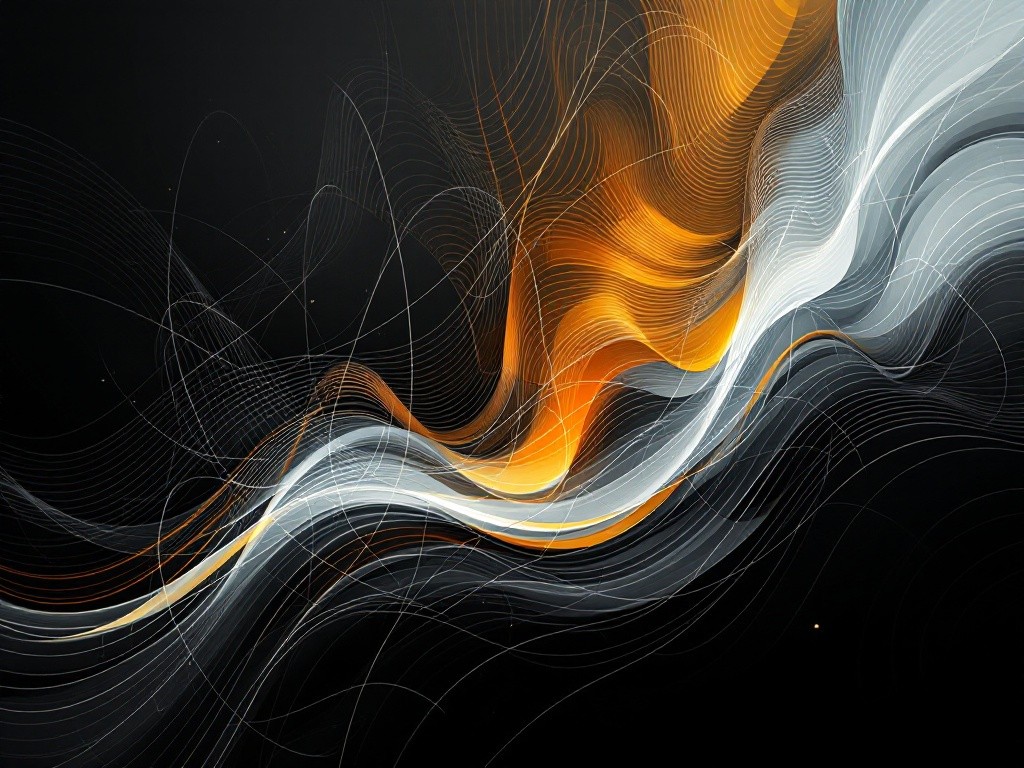 Abstract image of flowing lines in shades of gray and orange on a black background