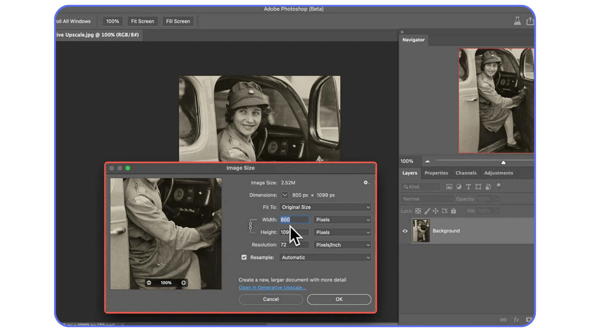 Photoshop Generative Upscale interface showing a black-and-white vintage photo being enlarged with the Image Size dialog box open.