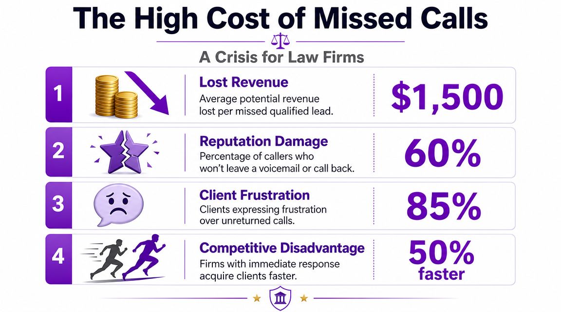 An infographic titled The High Cost of Missed Calls displaying four negative impacts on law firms.