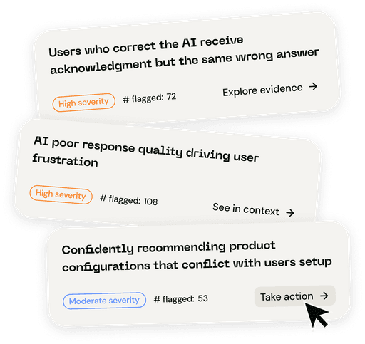 Bigspin interface highlighting high and moderate severity AI conversation issues with evidence and action options