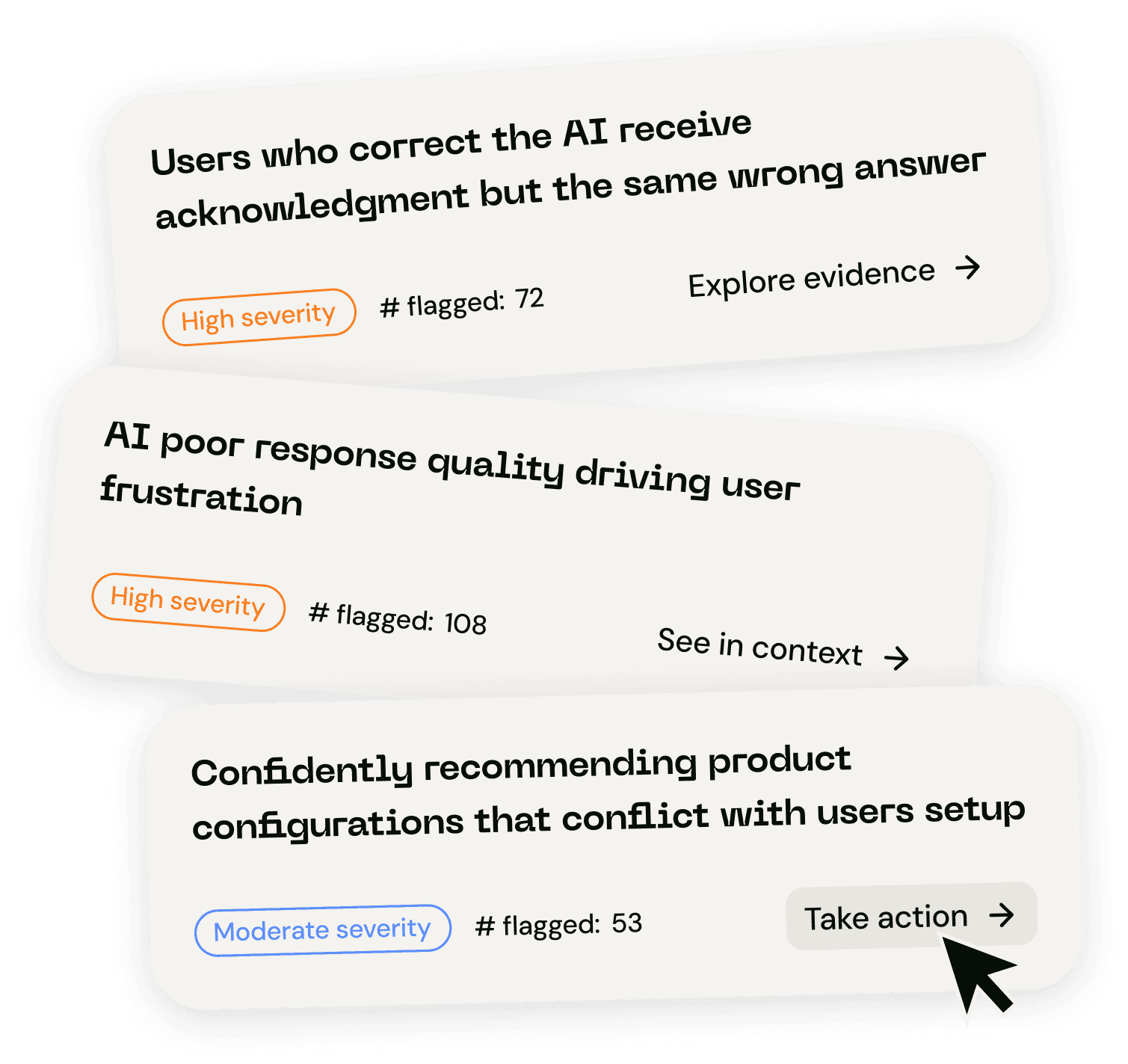 Bigspin interface highlighting high and moderate severity AI conversation issues with evidence and action options