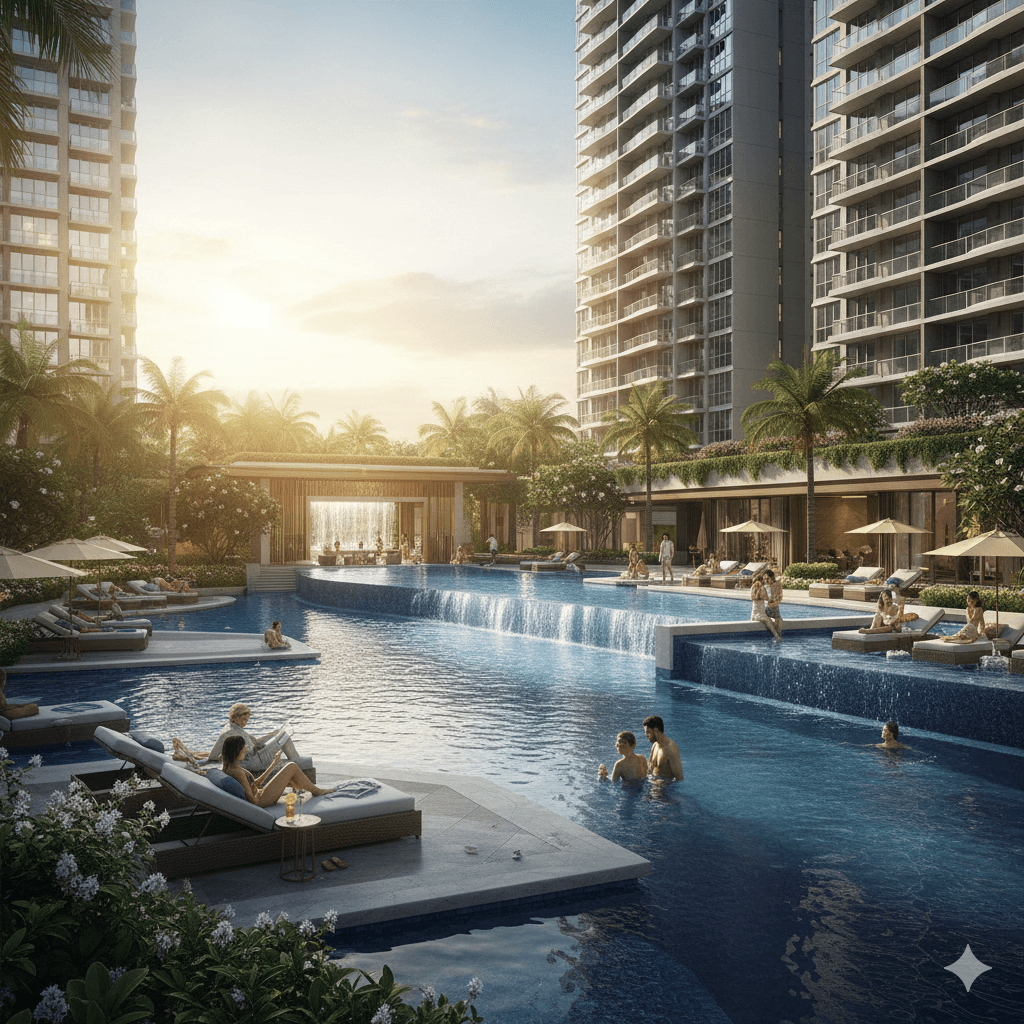Luxury rooftop infinity swimming pool and deck at a high-end Sector 113 Gurugram residential project