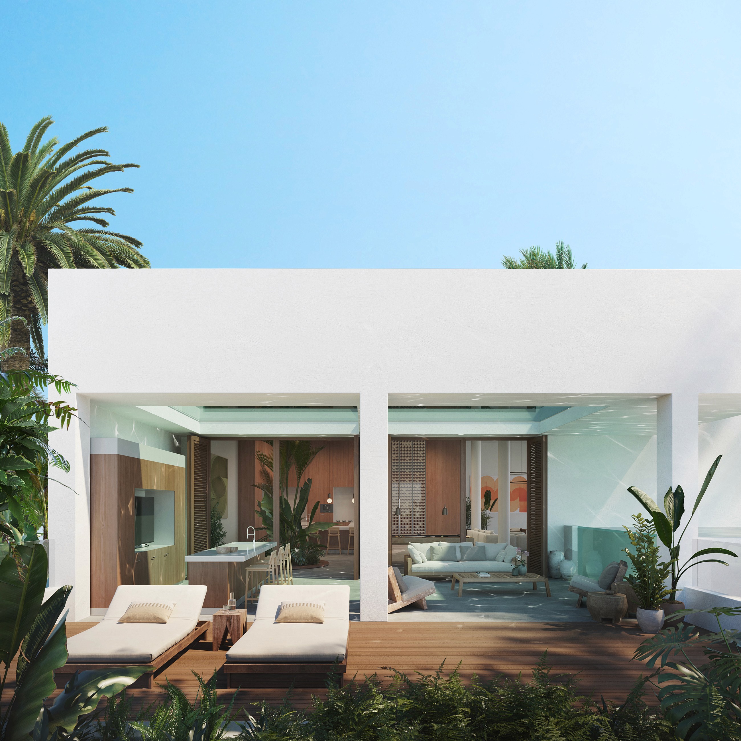 Rendered view of the villa showing the first floor with pool on the deck and outdoor kitchen