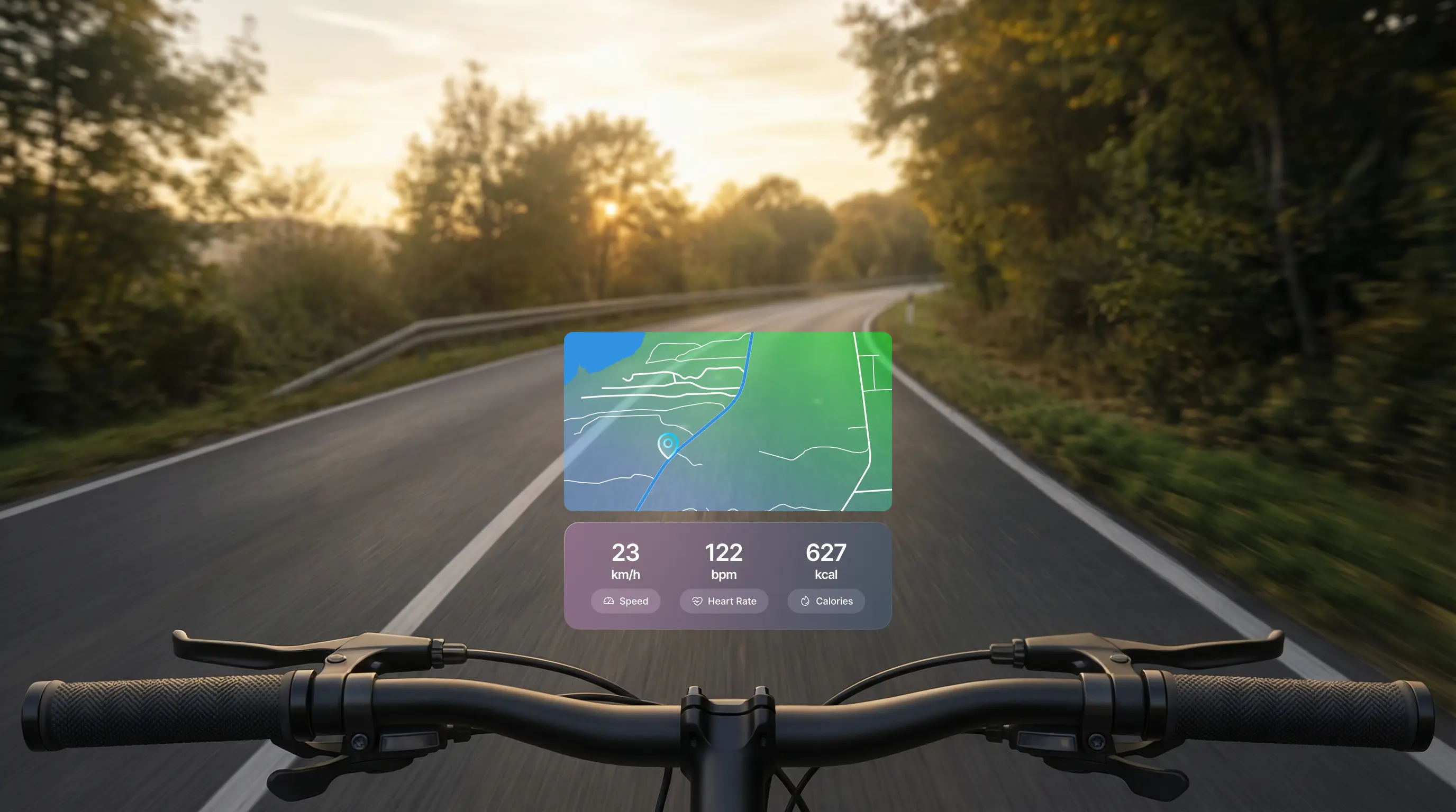 irst-person cycling perspective showing a road ahead at sunset with a smart glasses HUD overlay displaying live performance data: speed at 23 km/h, heart rate at 122 bpm and calories at 627 kcal, alongside a route map.