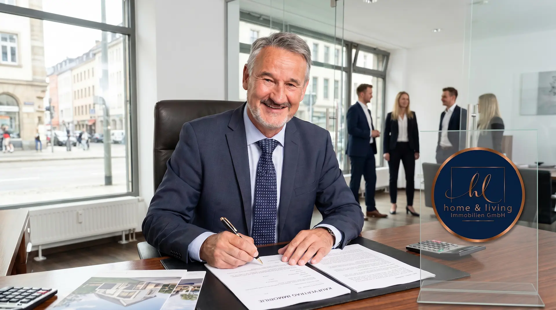 Urs Witprächtiger bei persönlicher Immobilienberatung am Arbeitsplatz mit Team im Hintergrund