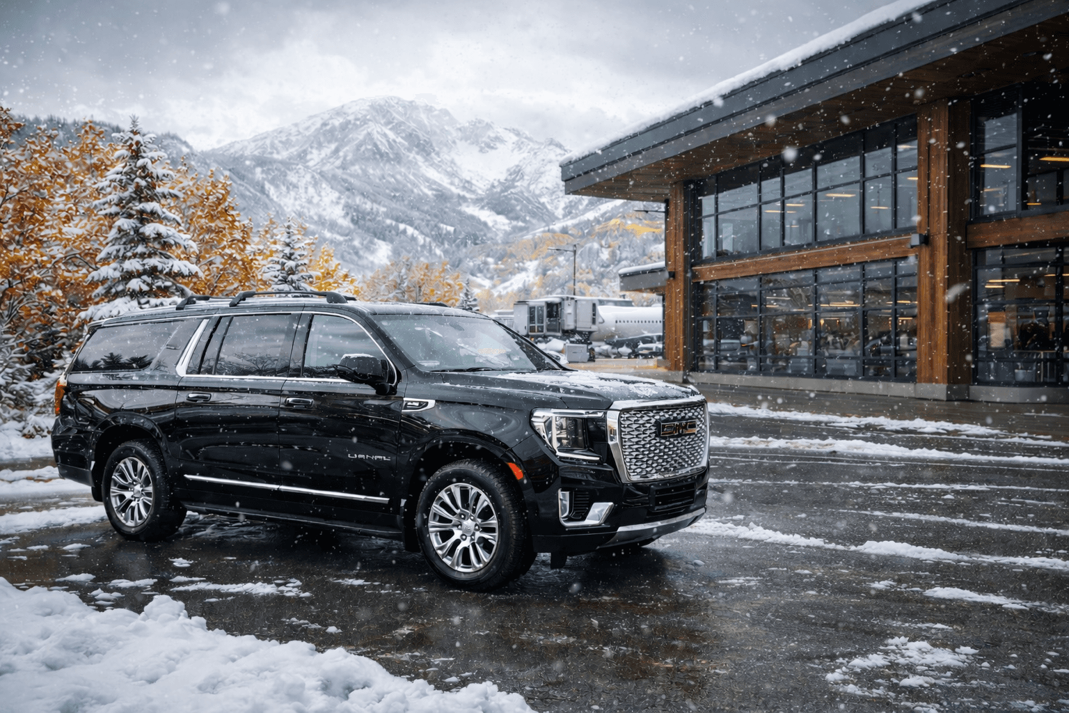 Luxury black GMC Yukon Denali providing private car service from Denver airport to Colorado mountain resorts during winter snow