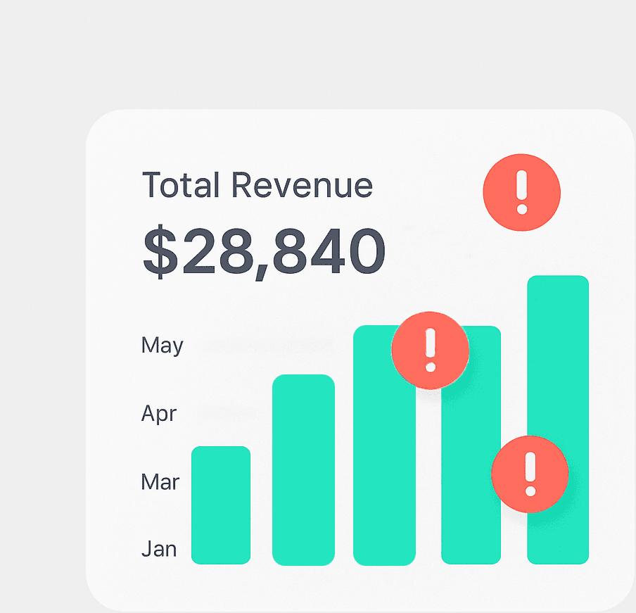 Unified dashboard displaying all key metrics, including monthly revenue chart.