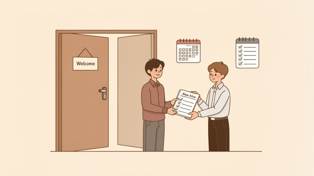Illustration of a new employee being welcomed and handed an onboarding checklist at an office door.