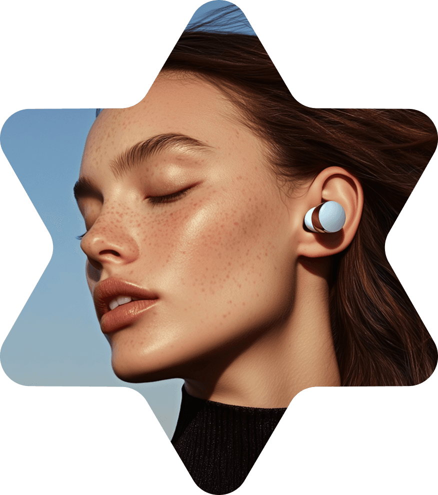 Close-up of a serene woman with natural makeup and wireless earbuds, posed inside a star-shaped frame, pastel sky background, modern tech aesthetic