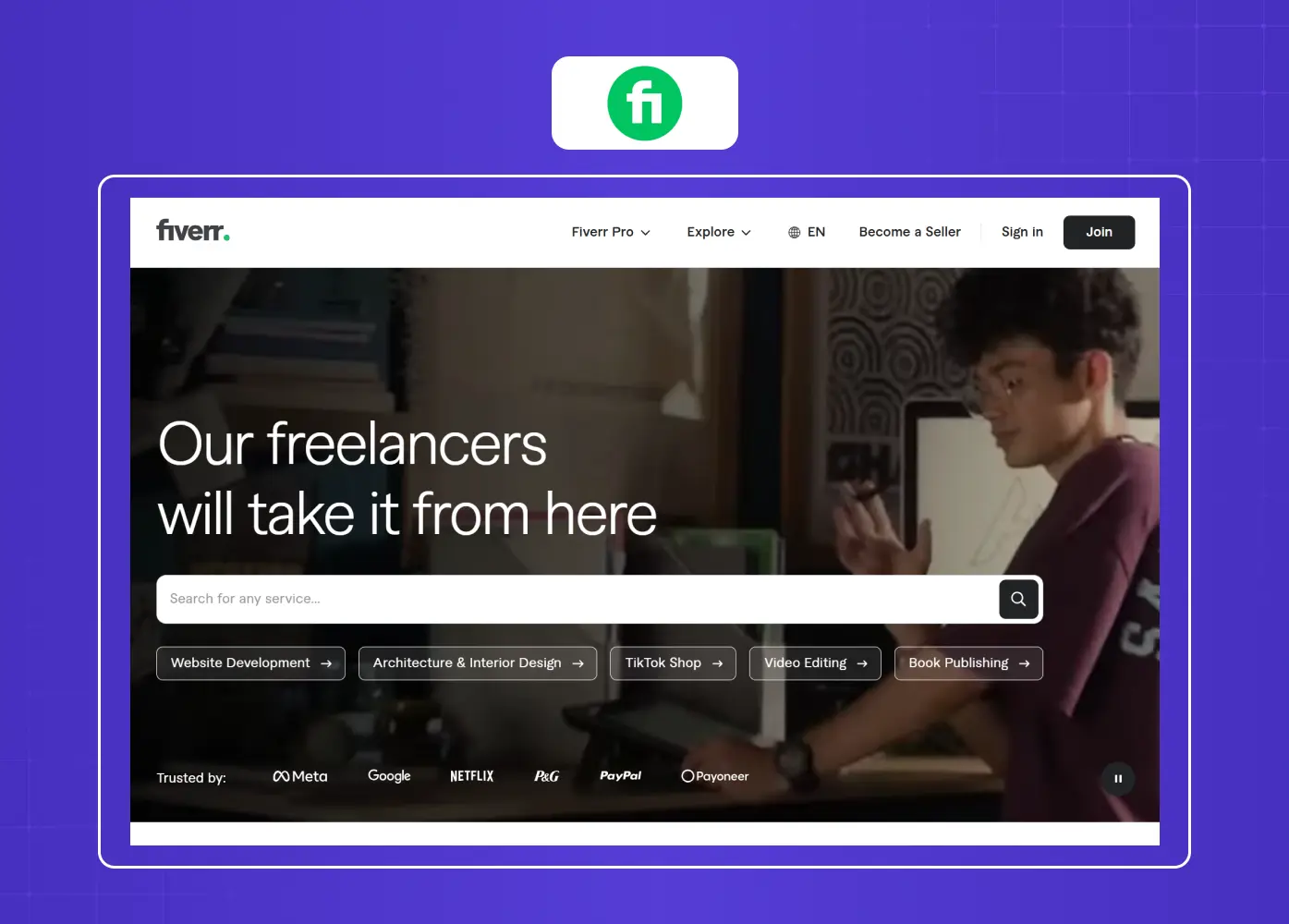 Freelancer marketplace homepage featuring searchable services across design, development, and content creation. 