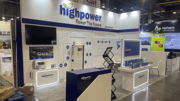 RE+ Southeast booth type image showing clean energy booth layout with branded presentation, product display, and meeting support space