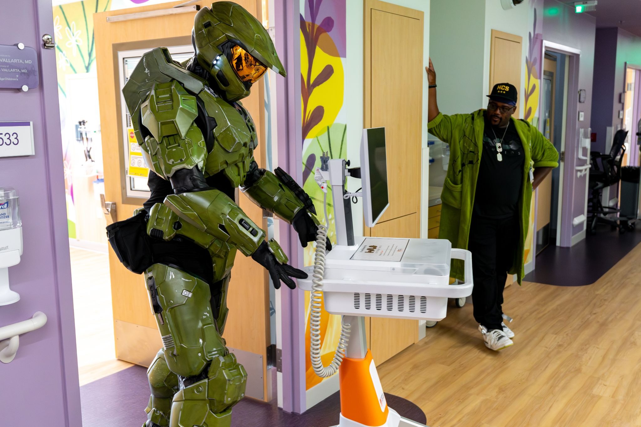 Master Chief rolling a GO Kart around Mary Bridge Children Hosptial
