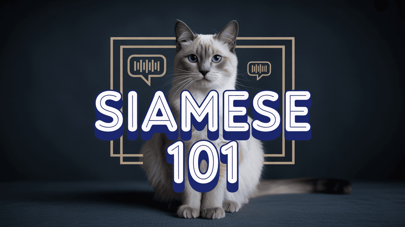 Elegant Siamese cat framed by gold geometry with SIAMESE 101 text