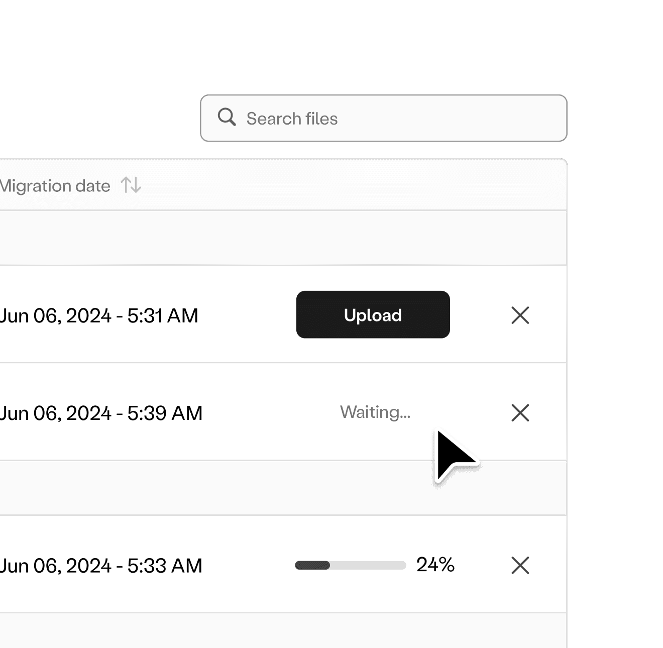 Closeup showing multiple files uploading to the dashboard