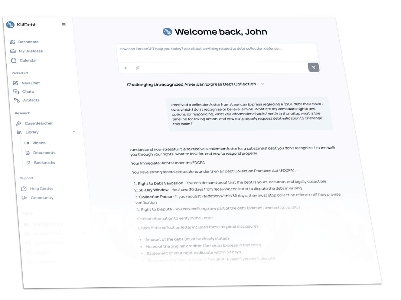 KillDebt dashboard includes ParkerGPT, Court Tester, cheat Sheets and much more