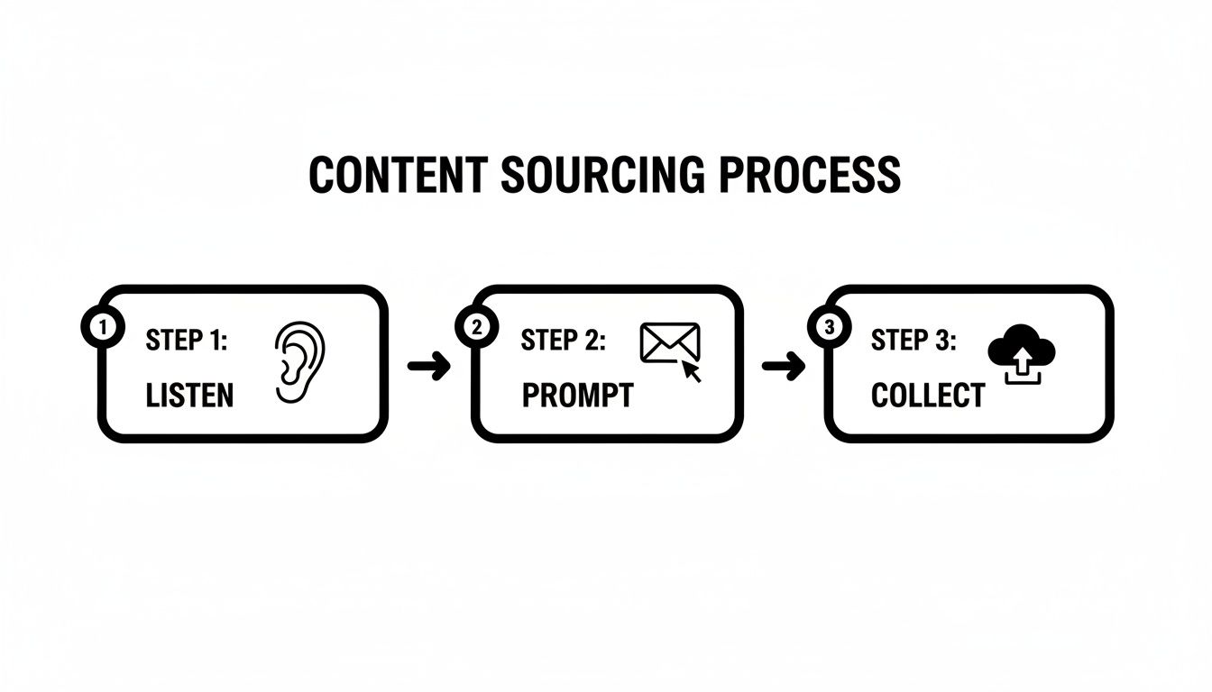 Diagram outlining a three-step content sourcing process: Listen, Prompt, and Collect with icons.