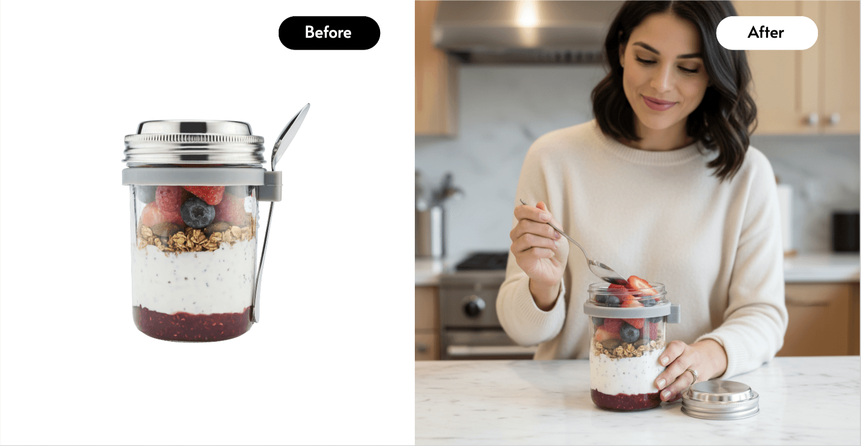 yogurt snack before and after, woman in a modern kitchen eating berries