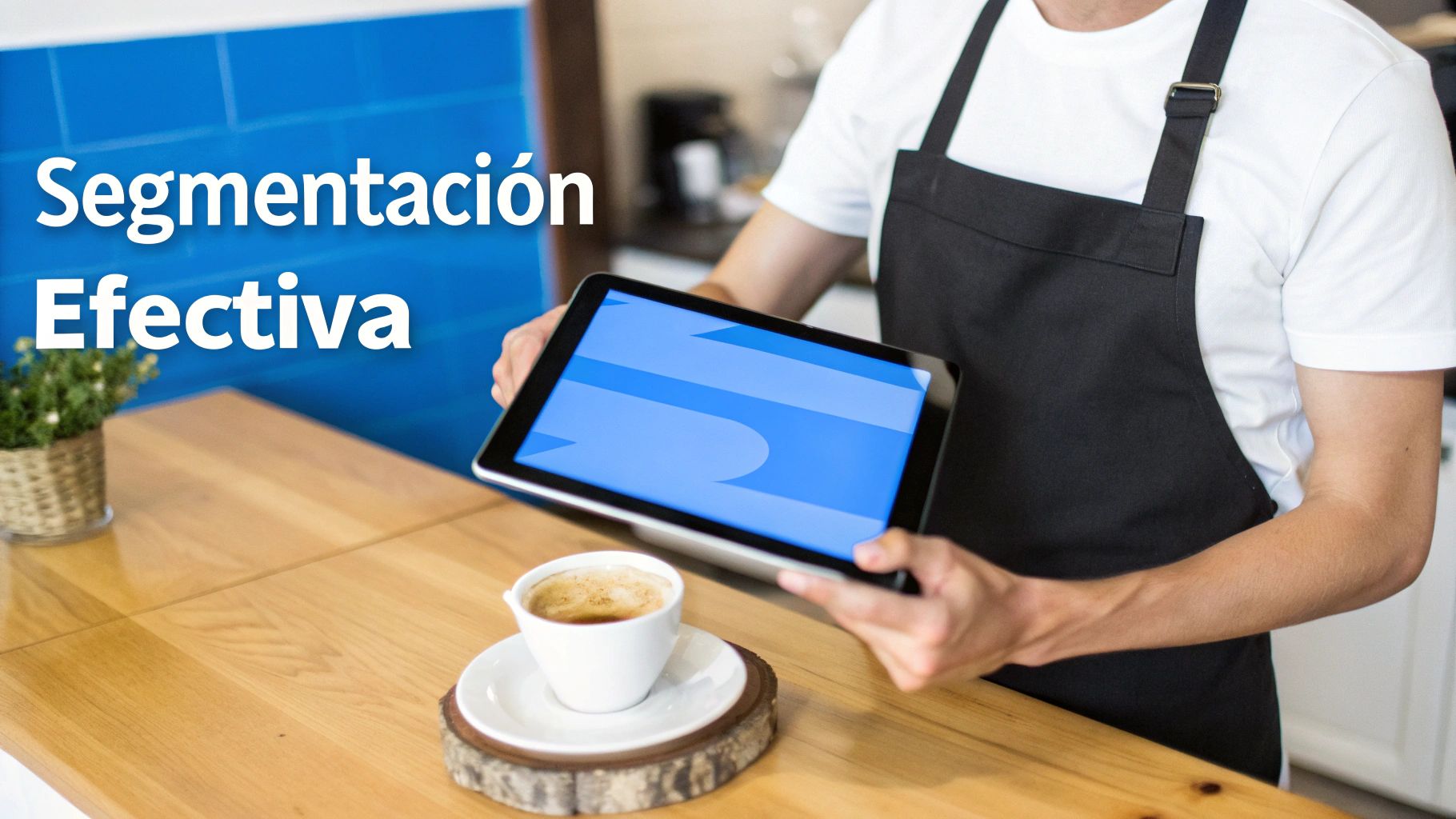 Persona en cafetería sosteniendo una tablet con pantalla azul, junto a una taza de café. Texto: Segmentación Efectiva.