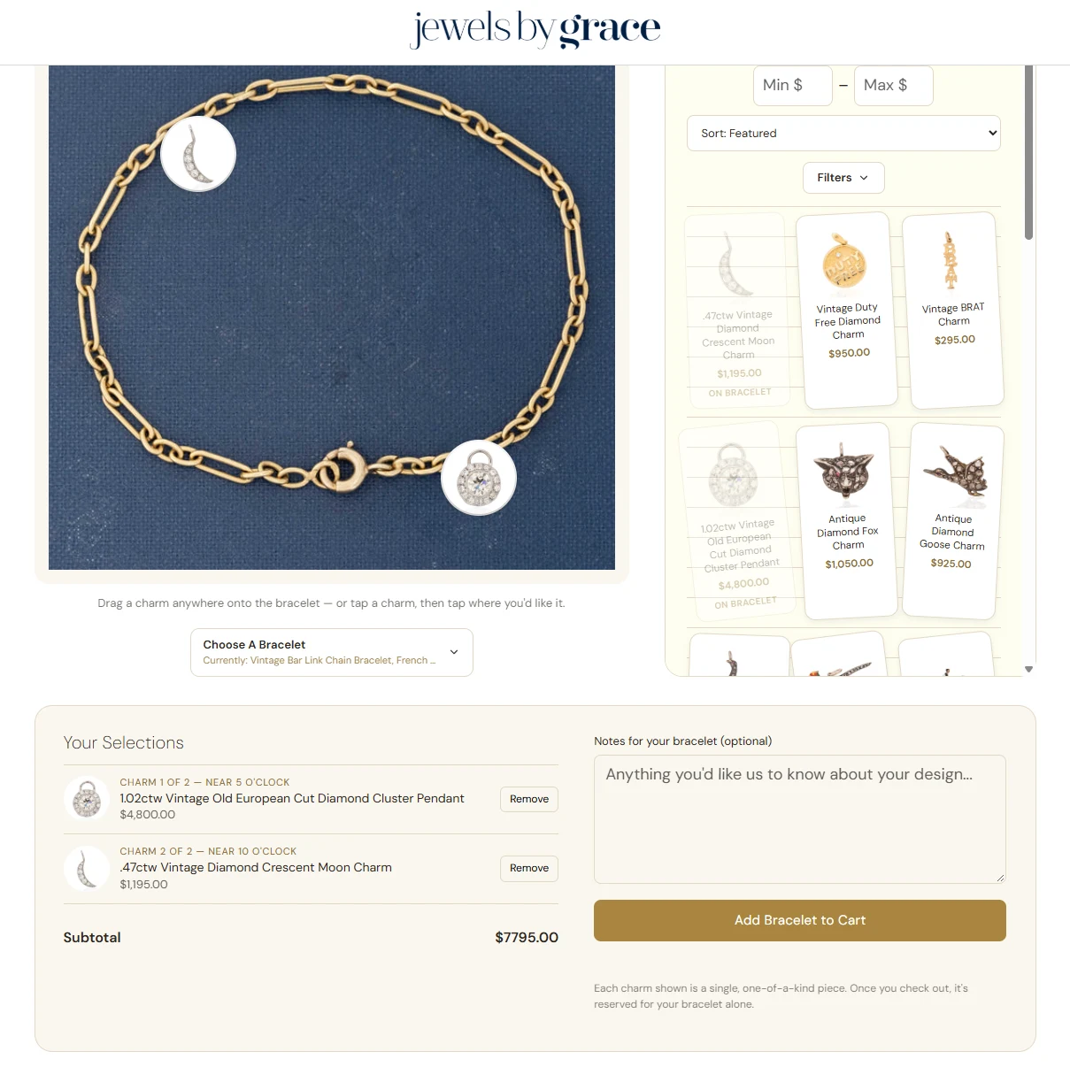 Two charms placed on the bracelet, with selections and subtotal