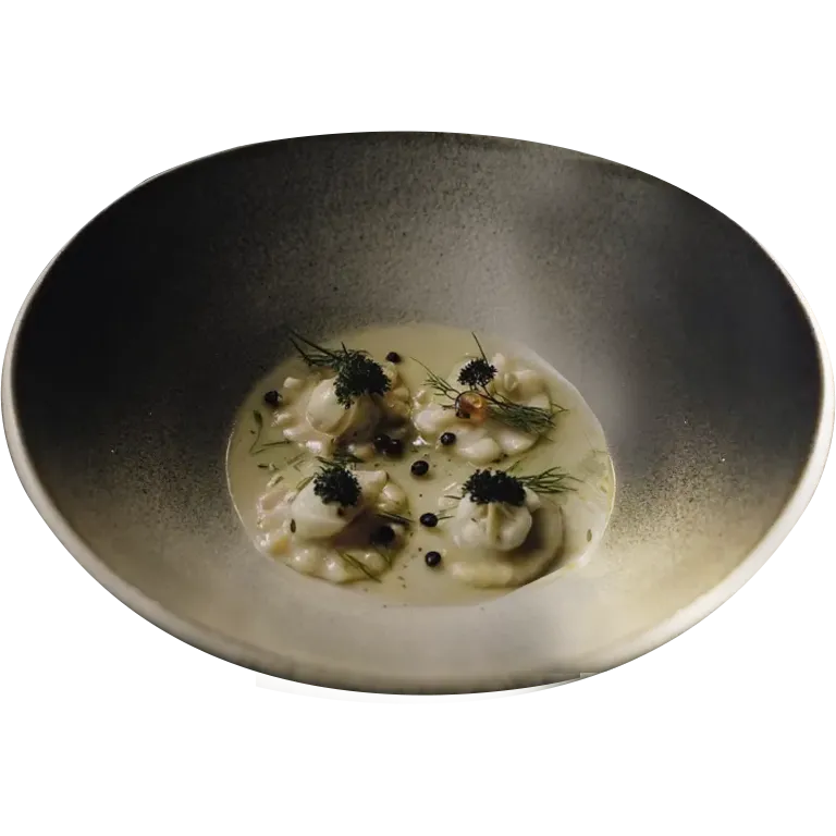 Poached Halibut Dumplings in Dashi Cream
