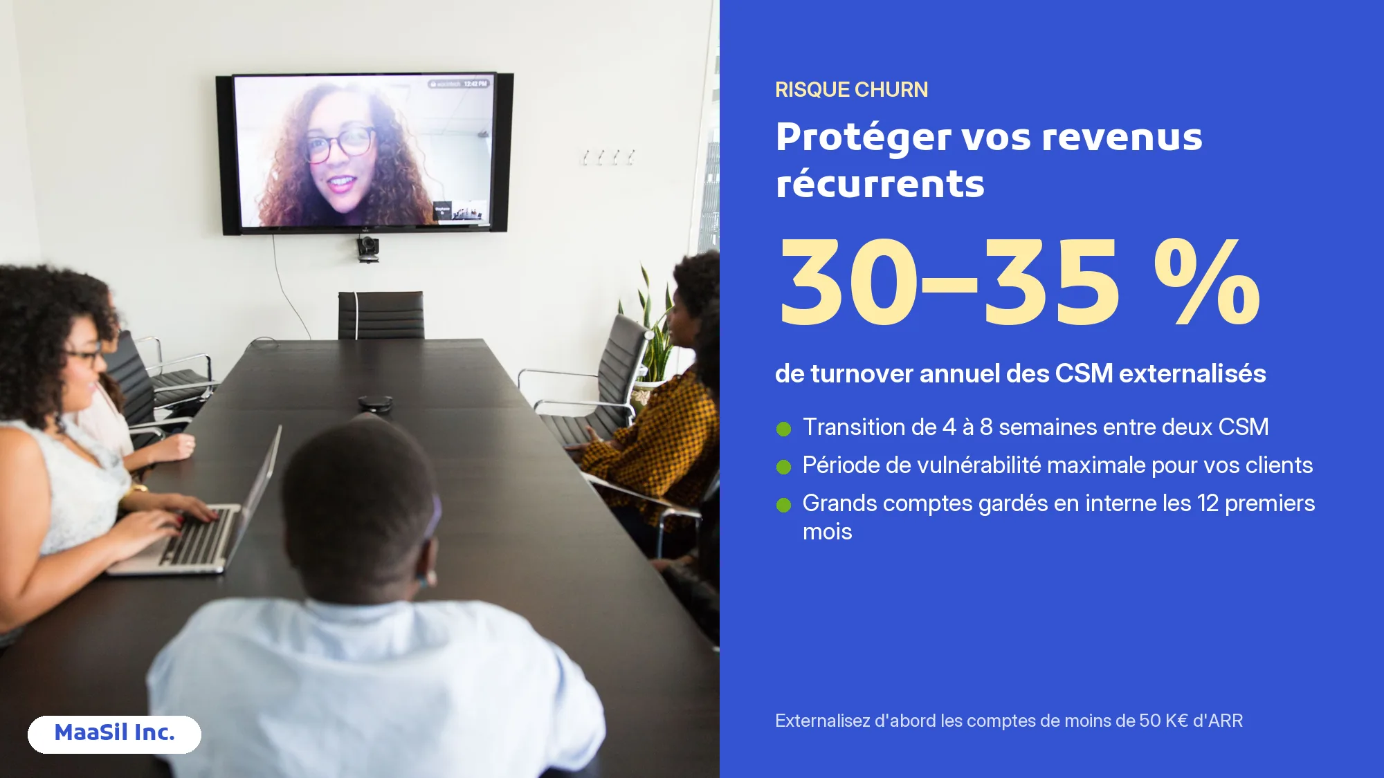 Infographie risque de churn : 30 à 35 % de turnover des CSM externalisés et 4 à 8 semaines de transition