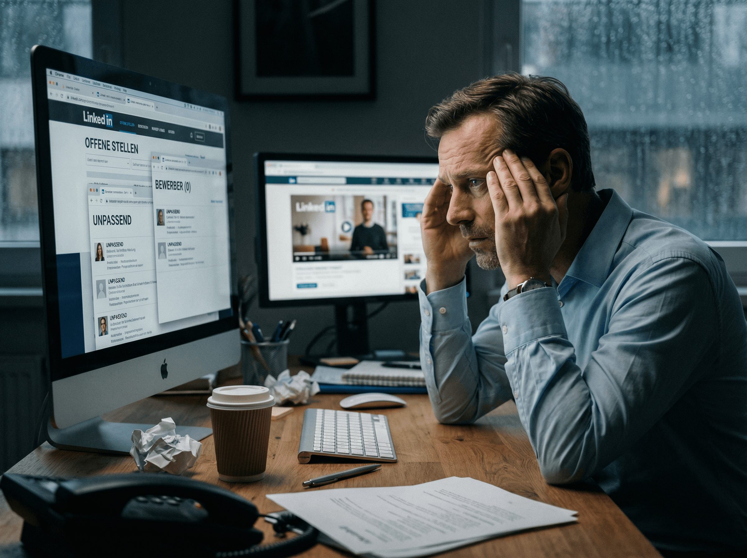 Führungskraft sitzt nachdenklich vor offenen Stellenanzeigen mit wenigen Bewerbungen. Frust und Unsicherheit im Recruiting sichtbar.