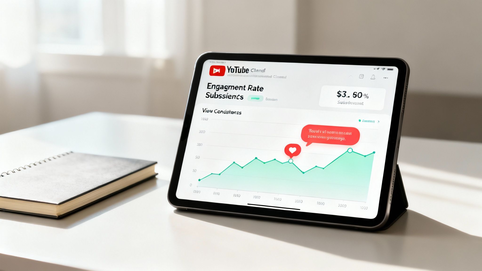 A person examining a YouTube channel on a tablet, focusing on analytics beyond the subscriber count.