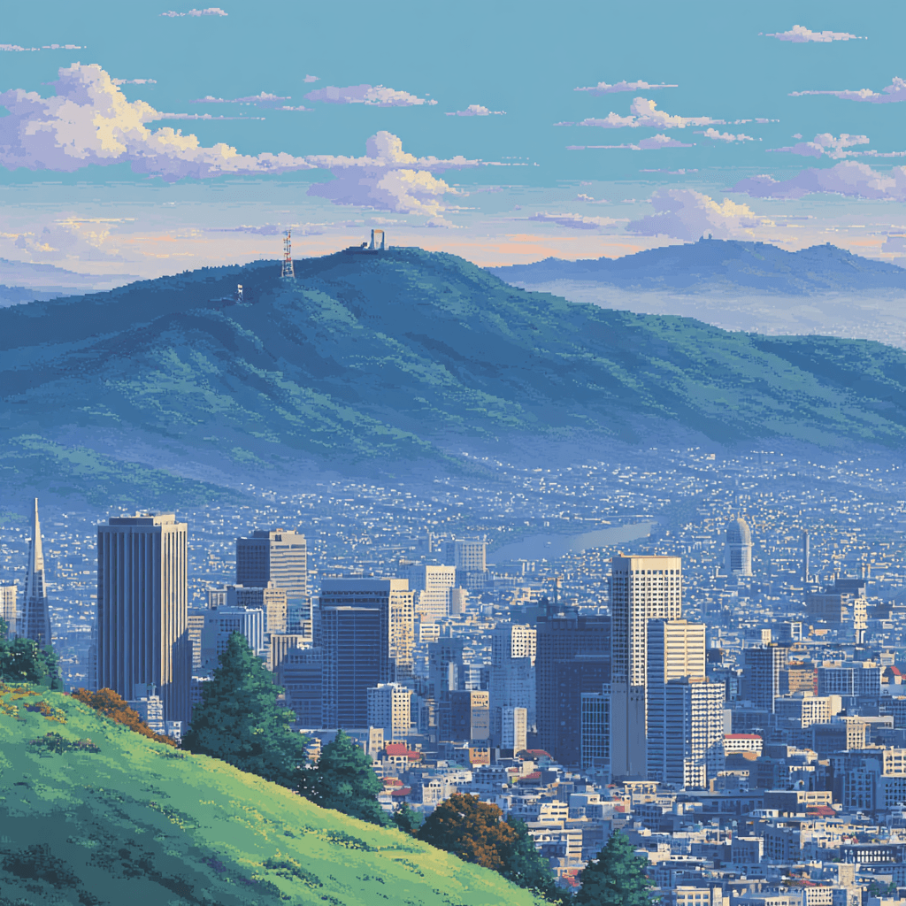 Pixel art of city with mountains behind it.