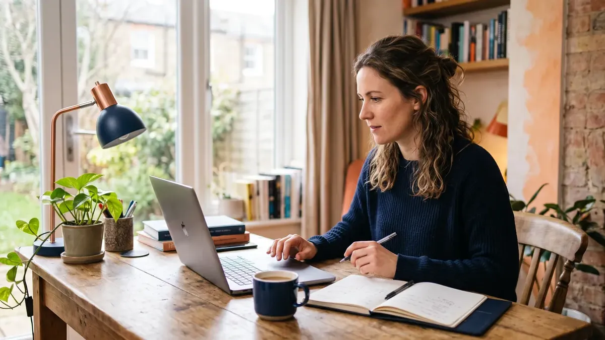 Profesional estudia en línea con un portátil, una libreta y una taza de café en una mesa de trabajo junto a una ventana