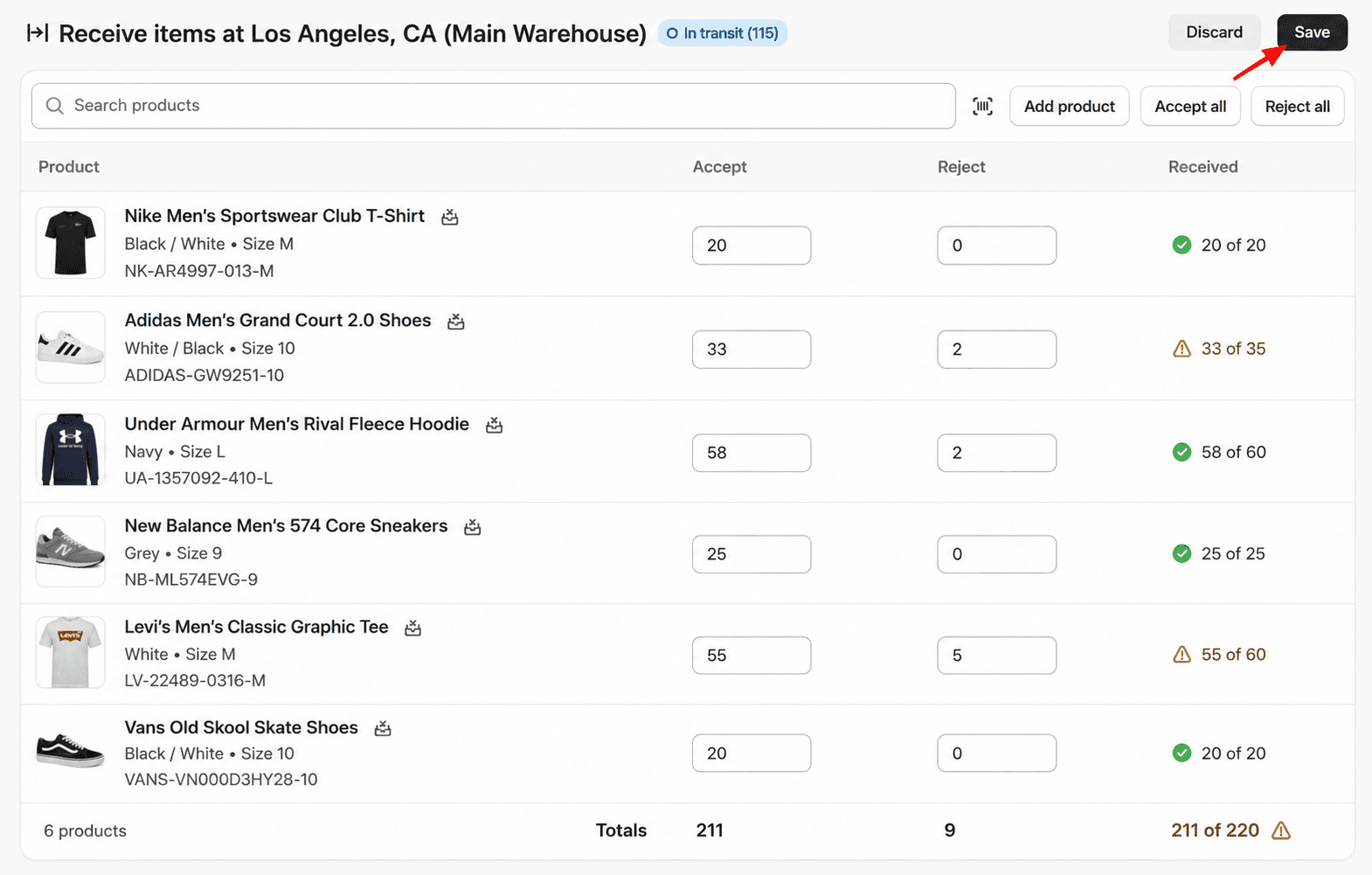 Partially received inventory in shopify