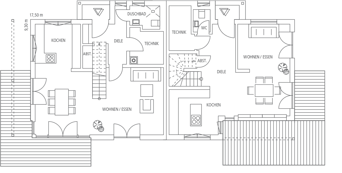 Grundriss mit zwei Wohneinheiten, inklusive Küche, Wohn-/Essbereich, Dusche, WC, Technik und Abstellraum.