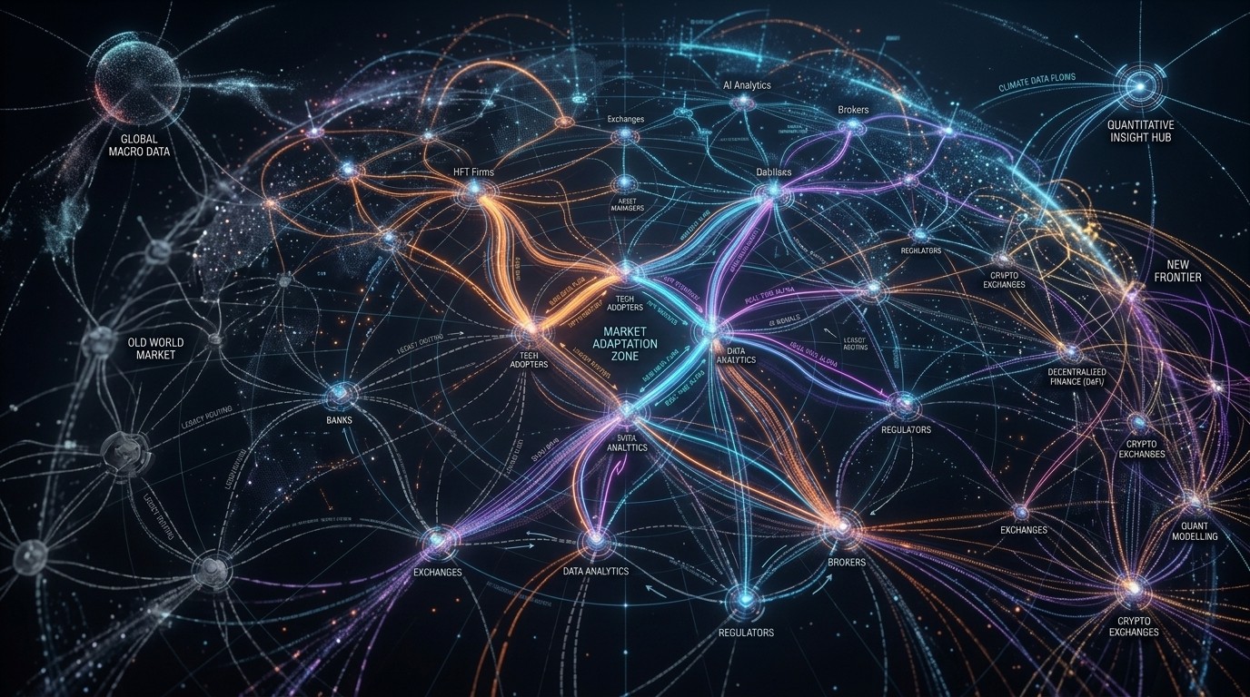 Abstract visualization of adaptive market data flows between trading participants, representing how AI synthesis reshapes market dynamics
