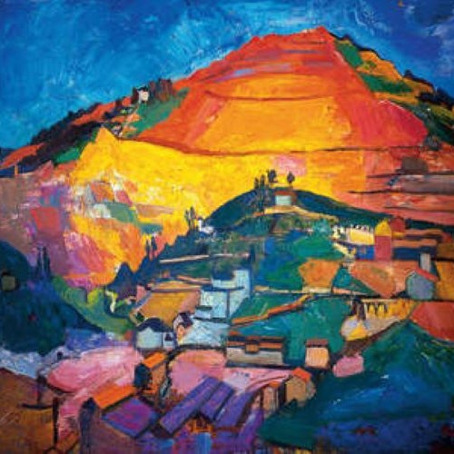 色彩斑斓的山坡画作，山峰、建筑和田野在璀璨的蓝天下交相辉映。