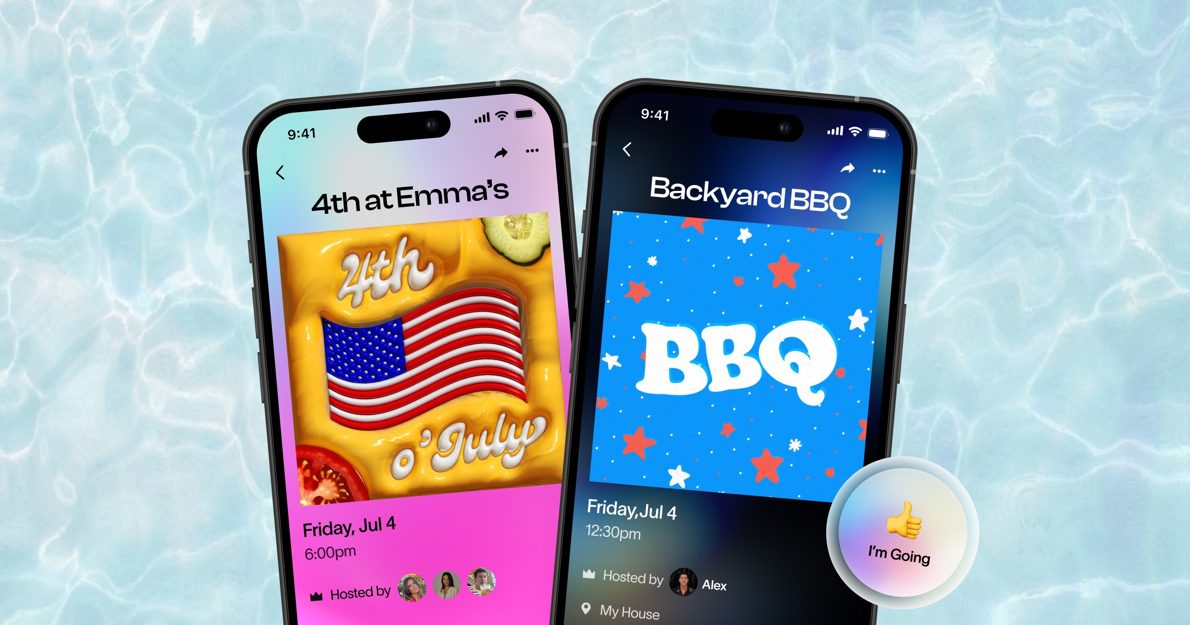  Two phones display customizable baby shower digital invitations against a dreamy pastel background with sparkles. The left screen shows a vintage-style online baby shower invite reading “Em’s having a baby!” with a blue bow design. The right screen features a modern floral digital baby shower invitation titled “Welcoming Olivia.” A floating RSVP button says “I’m Going.” Perfect for creating and sending baby shower invites online.