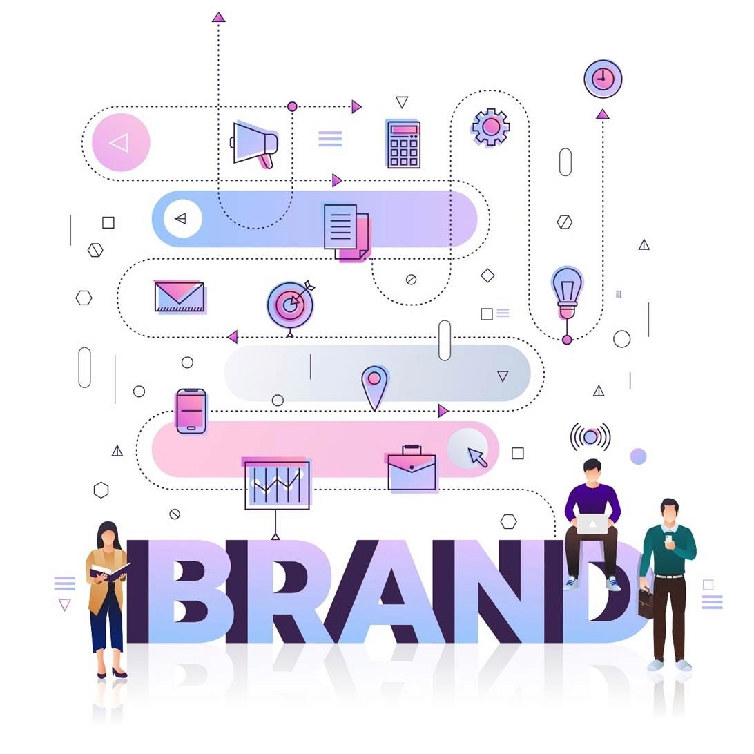 Flat illustration of the word BRAND with a connected marketing workflow and small figures for brand campaign content