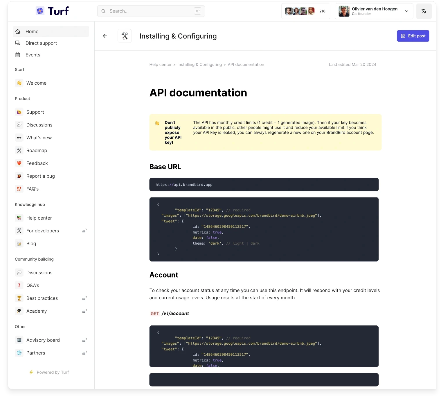 Technical documentation in the knowledge base functionality of the Turf platform
