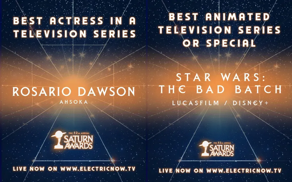 Banners announcing that Rosario Dawson has won a Saturn Award for Best Actress in a Television Series and Star Wars: The Bad Batch has won Best Animated Television Series or Special