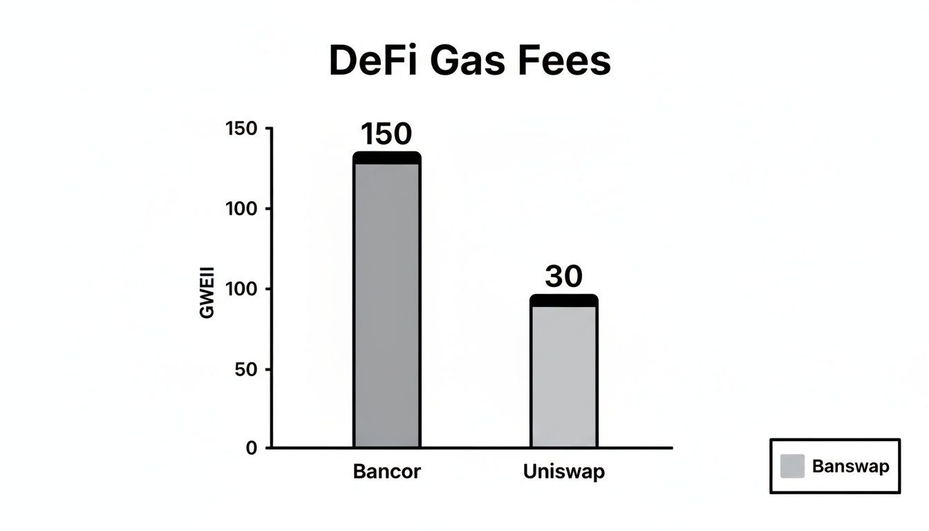 Bar chart comparing DeFi gas fees in GWEII: Bancor at 150 and Uniswap at 30.