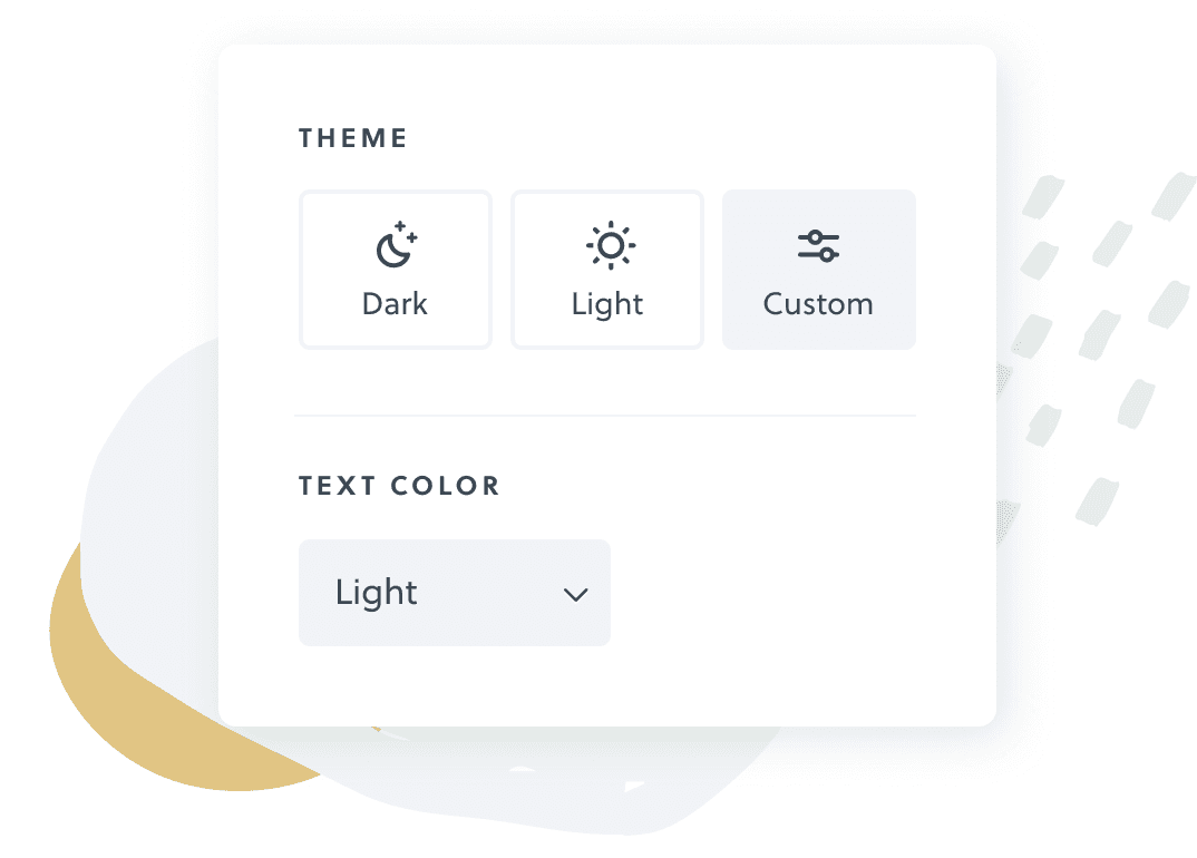 Theme customization options: Dark, Light, Custom themes with light text color selection.