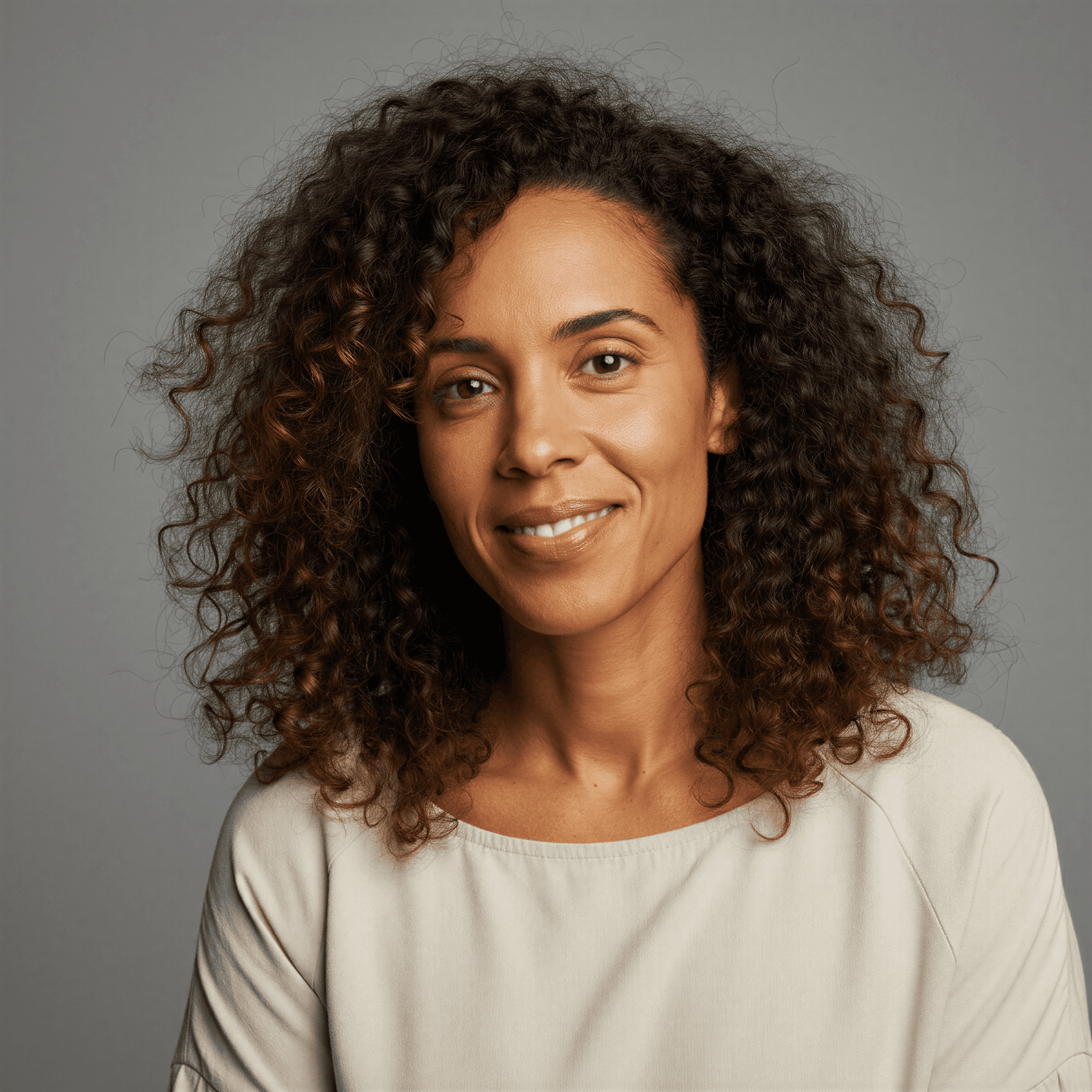 Potrait of a woman with curly hair smilling towards camera