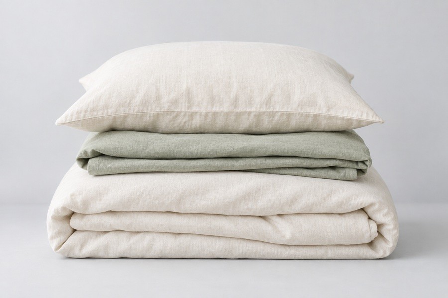 Ivory and pale sage linen bedding in Still and Loom’s homepage collection