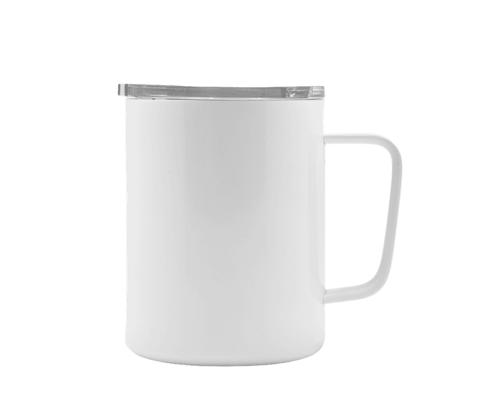 White stainless steel mug with a lid and handle.
