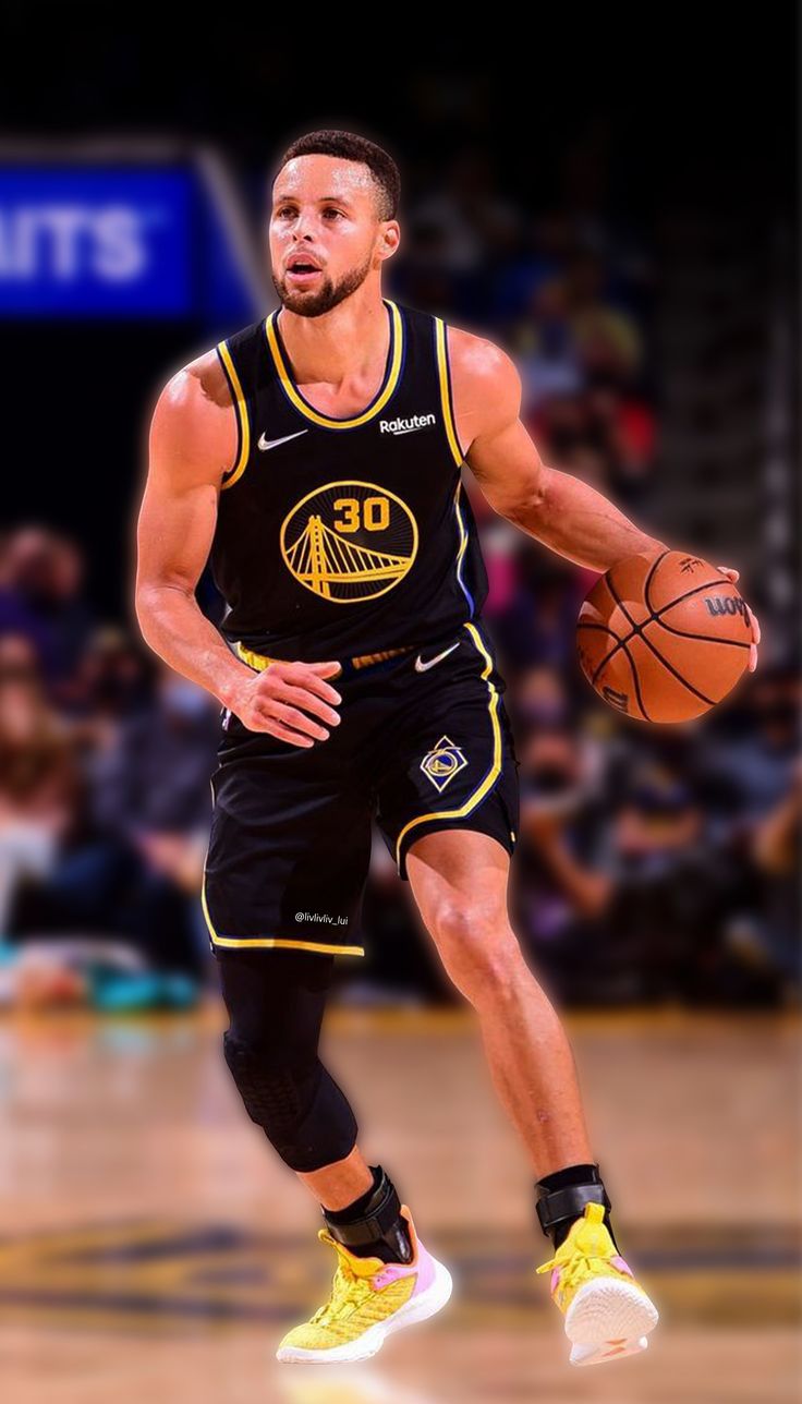Stephen Curry dribbling a basketball in a Golden State Warriors uniform.