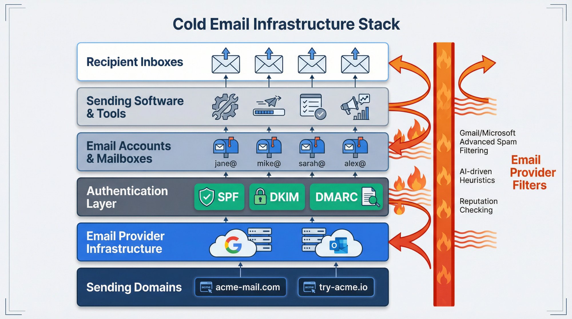 Technical architecture diagram showing cold email infrastructure components: sending domains, authentication (SPF/DKIM), mailboxes, IP reputation, and email provider filters blocking spam