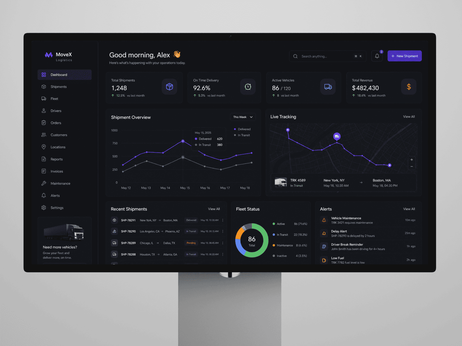 Shipment management interface for a logistics SaaS platform featuring live route tracking, delivery progress timeline, shipment details, fleet operations, and real-time transportation monitoring in a modern dark-mode dashboard.