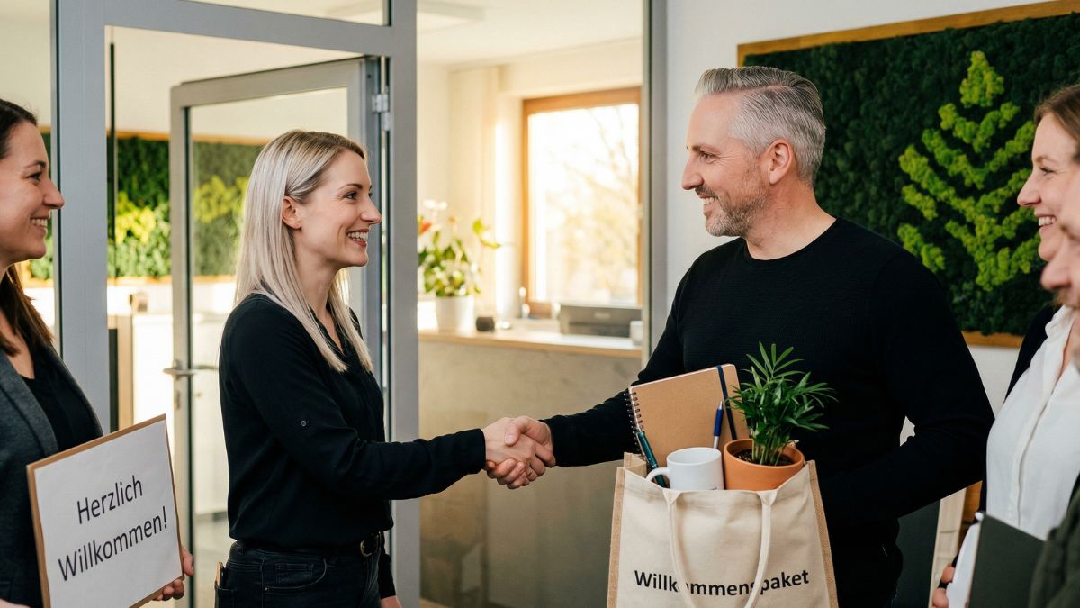 Neue Mitarbeiterin wird am ersten Arbeitstag vom Team begrüßt