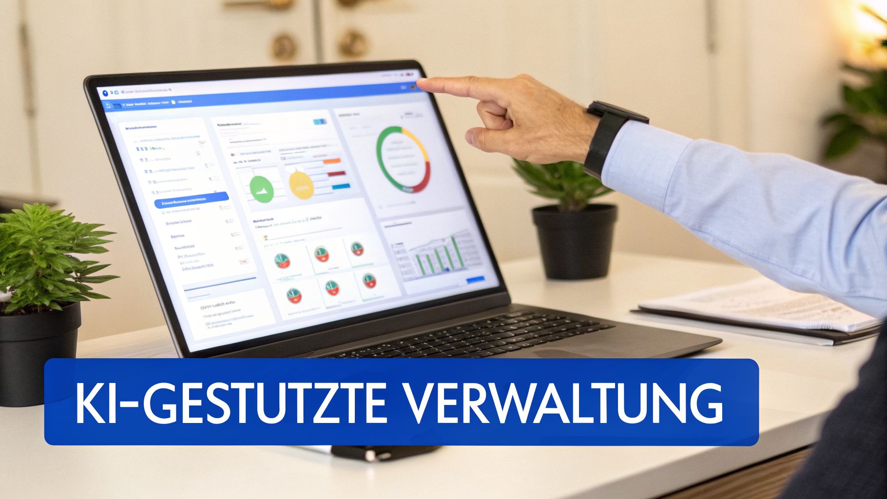 Eine Hand zeigt auf einen Laptop-Bildschirm mit Datenvisualisierungen und dem Text 'KI-GESTÜTZTE VERWALTUNG'.